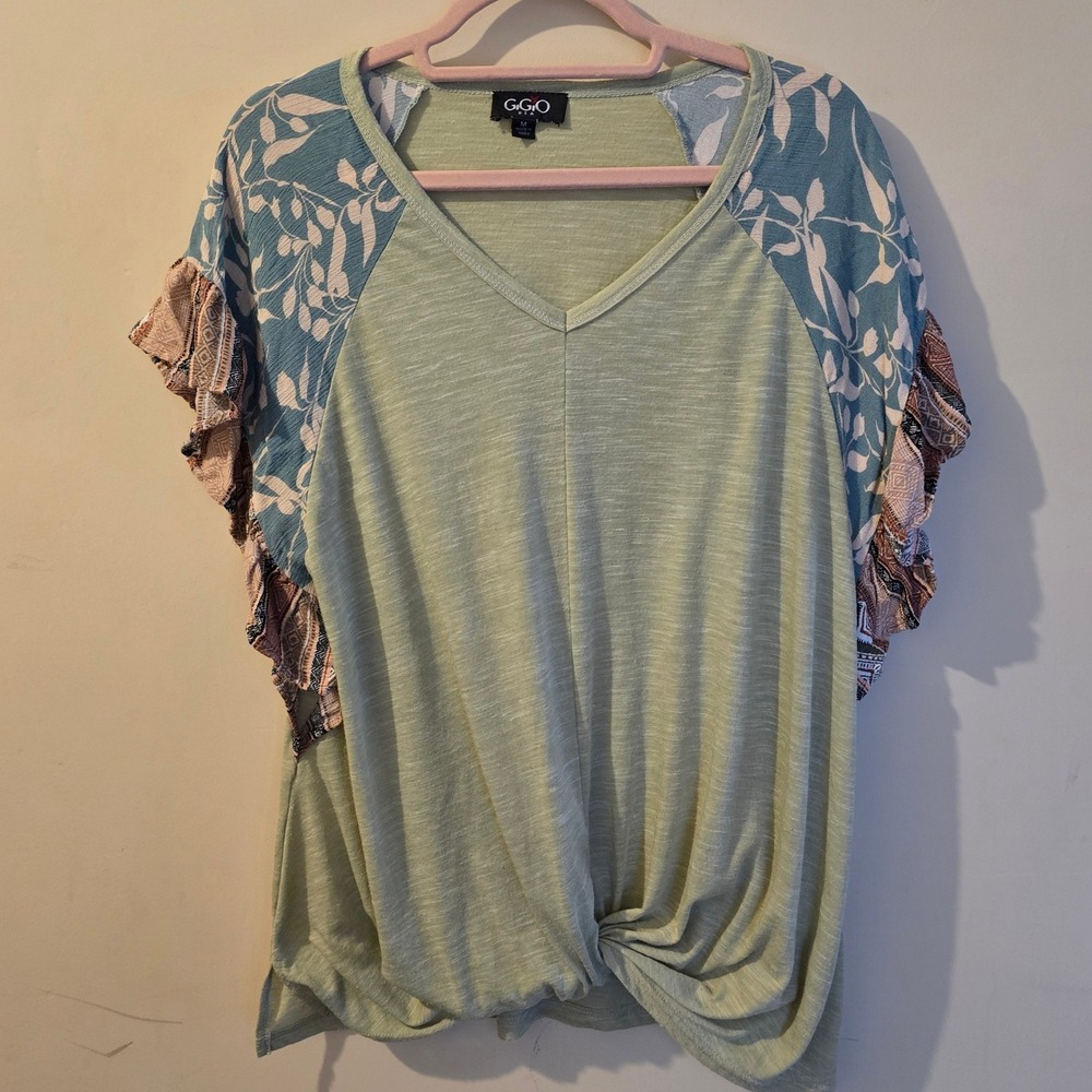 GiGio Womens Boho Mixed Print Ruffle Sleeve V-Neck Front Knot Top Green TC1684 M